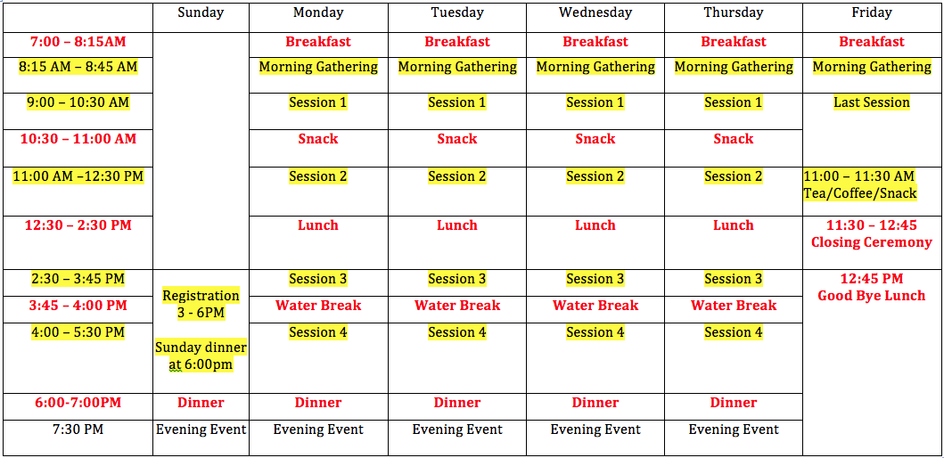 2019 daily schedule evening